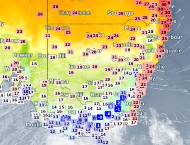 Huge temperature contrasts in SE Aus today