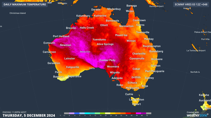 Image: Scorching heat forecast to impact parts of southeastern Australia on Thursday. Source: Weatherzone