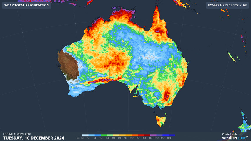 Image: Predicted rainfall across Australia from December 4 to Tuesday, December 10 . Source: ECMWF