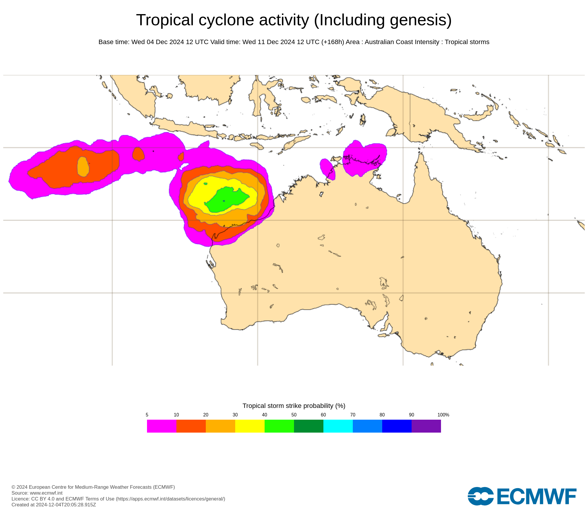 Image: Probability of tropical cyclone development within 48 hours of next Wednesday night. Source: ECMWF.