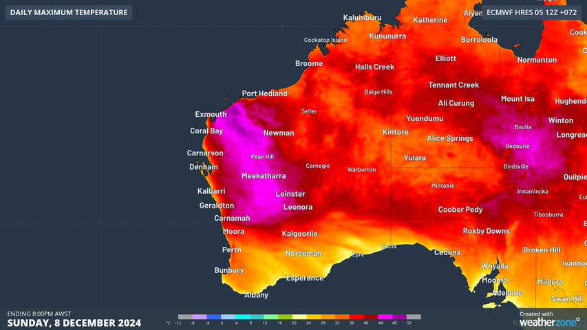 Image: Maximum temperature forecast on Sunday, December 8. Source: Weatherzone