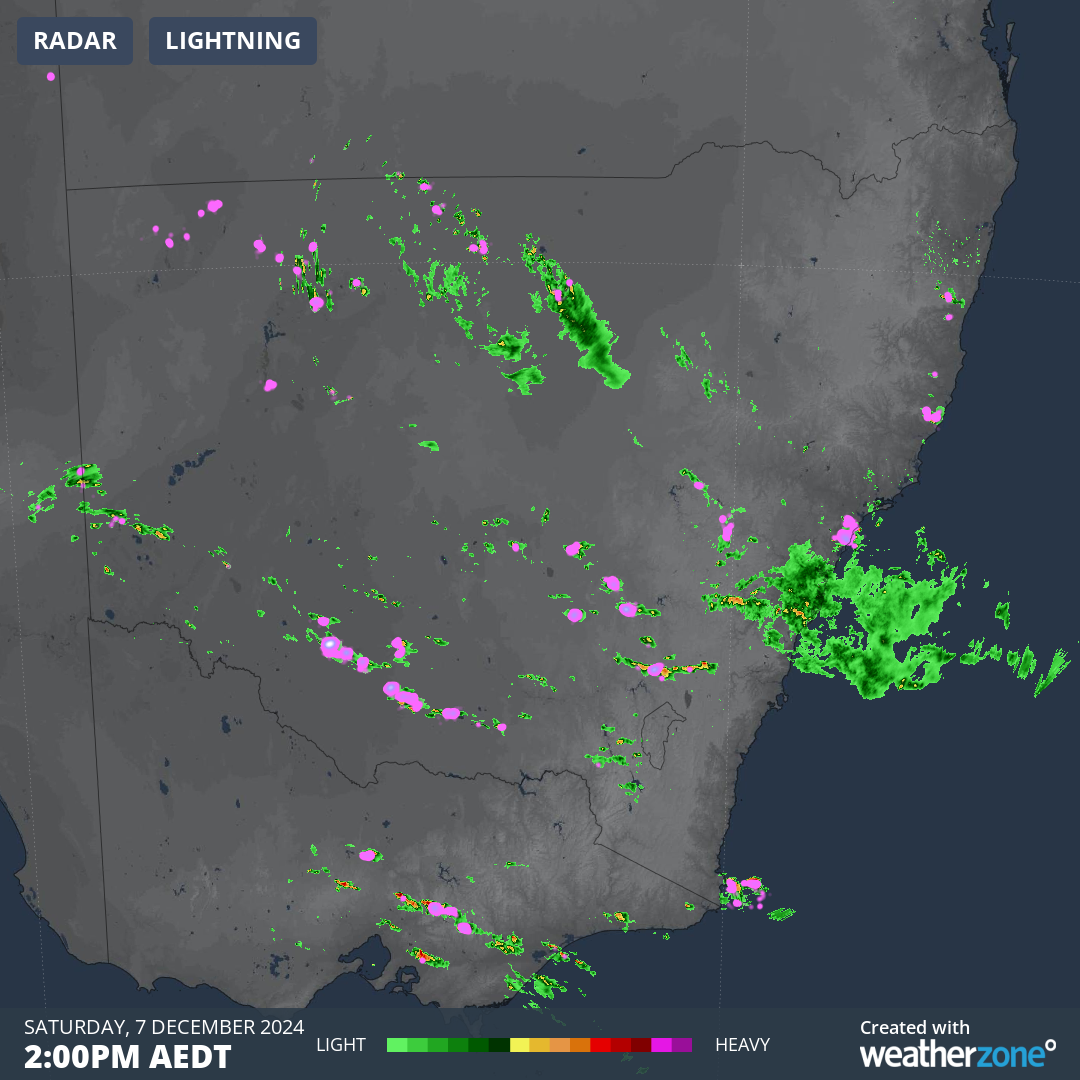 Image: RADAR and lightning across NSW at 2pm AEDT Saturday, 7 December 2024. Source: Weatherzone