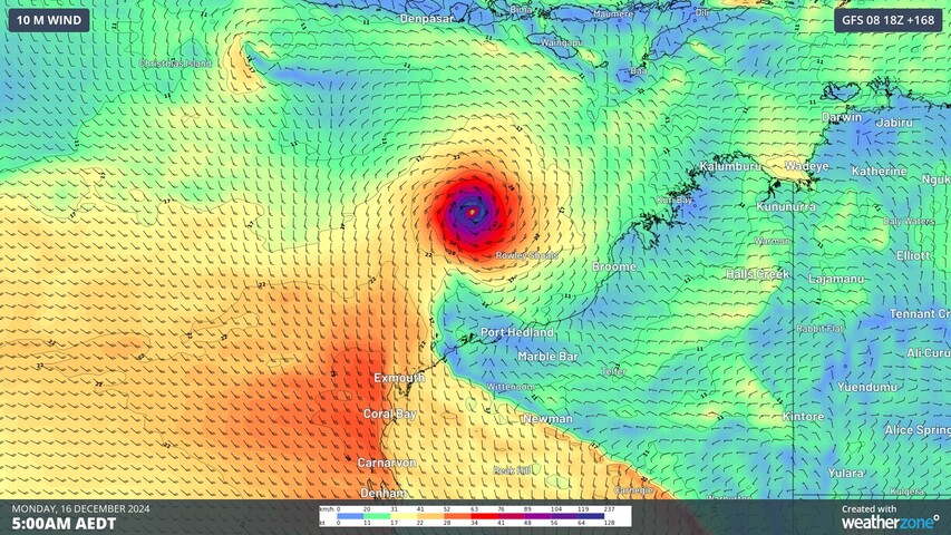 Image: Forecast wind speed and direction on Monday, December 16, 2024. Source: Weatherzone