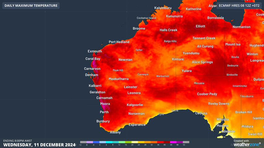 Image: Maximum temperature forecast for Wednesday, December 11, according to ECMWF. Source: Source: Weatherzone