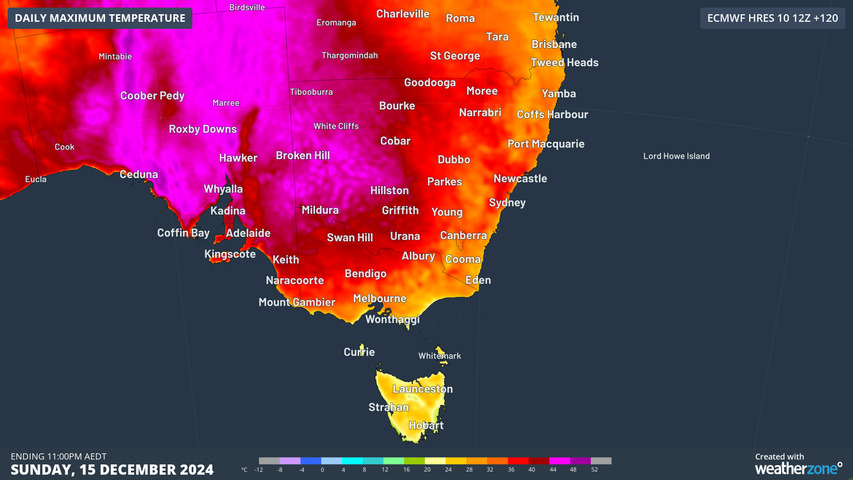 Image: Maximum temperature forecast for Sunday, December 15, according to ECMWF . Source: Weatherzone