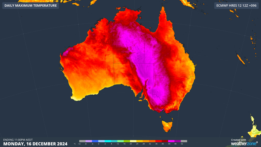 Image: Forecast maximum temperature on Monday, December 16. 2024. Source: Weatherzone.