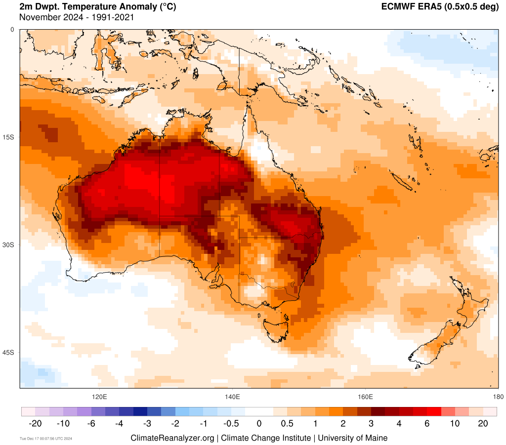 Image: Dewpoint temperature anomaly (°C) for November 2024 compared to the 1991-2021 average. . Source: Source:ClimateReanalyzer