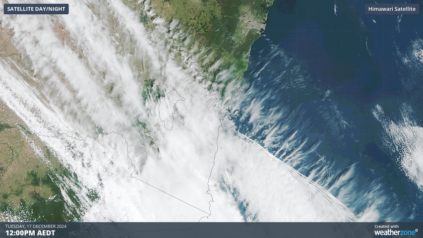 Image: Sydney, located near top of image, will be cooled by the southerly buster on Tuesday evening. Source: Weatherzone