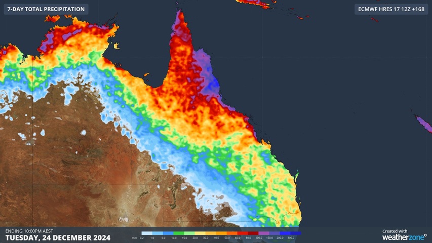 Image: Forecast accumulate rain over the week ending on Tuesday, December 14. Source: Weatherzone.