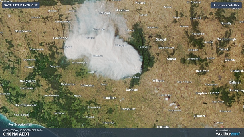 Image: Visible satellite images showing smoke over Victoria's Grampians National Park on Wednesday. Source: Weatherzone.