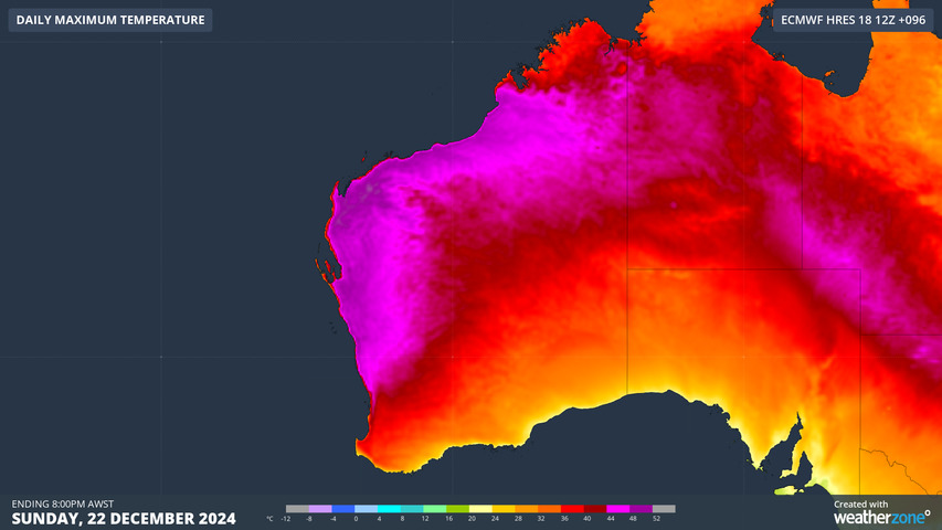 Image: Forecast maximum temperature on Sunday, December 22, 2024. Source: Weatherzone.