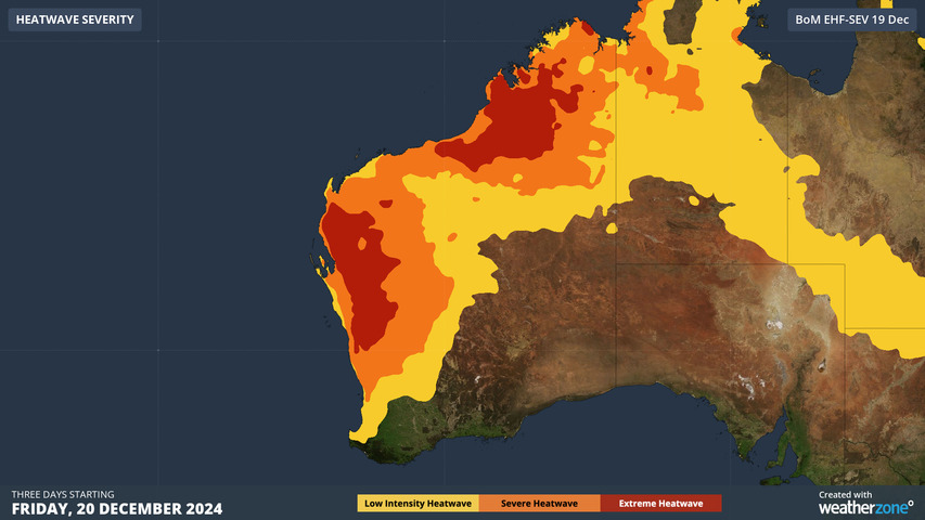 Image: Heatwave severity for three days beginning on Friday, December 20. . Source: Source: Bureau of Meteorology 