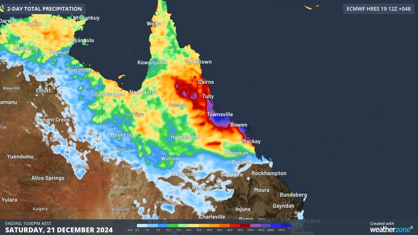 Image: Forecast accumulated rain on Friday and Saturday combined. Source: Weatherzone.