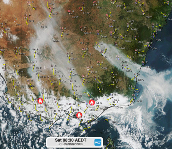 Image: Bushfires burning in Victoria are extending smoke into NSW.. Source: Himawari Satellite Imagery, Weatherzone