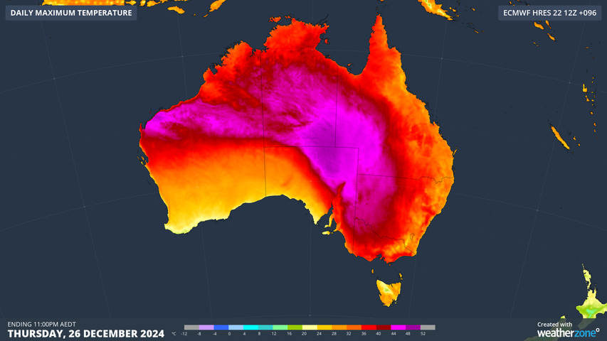 Image: Forecast maximum temperature on December 26, 2024. Source: Weatherzone.