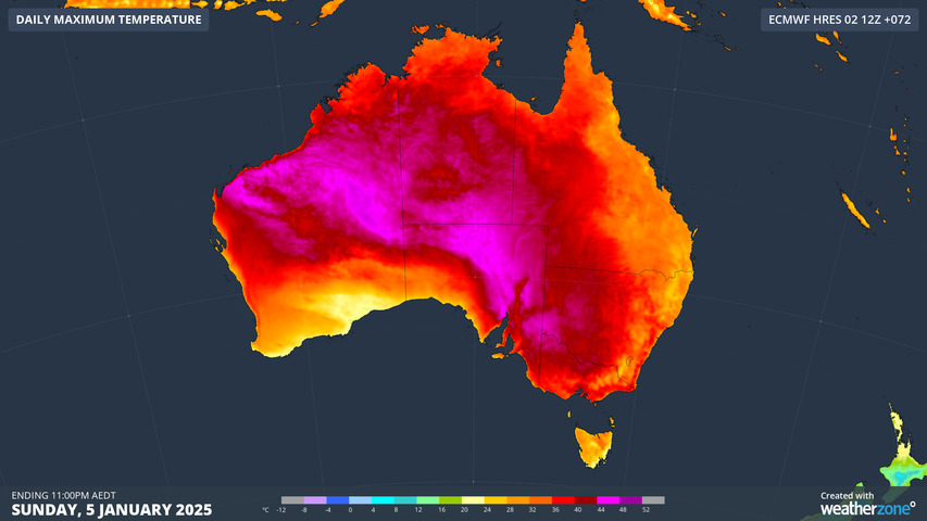 Image: Forecast maximum temperature on Sunday, January 5. Source: Weatherzone.