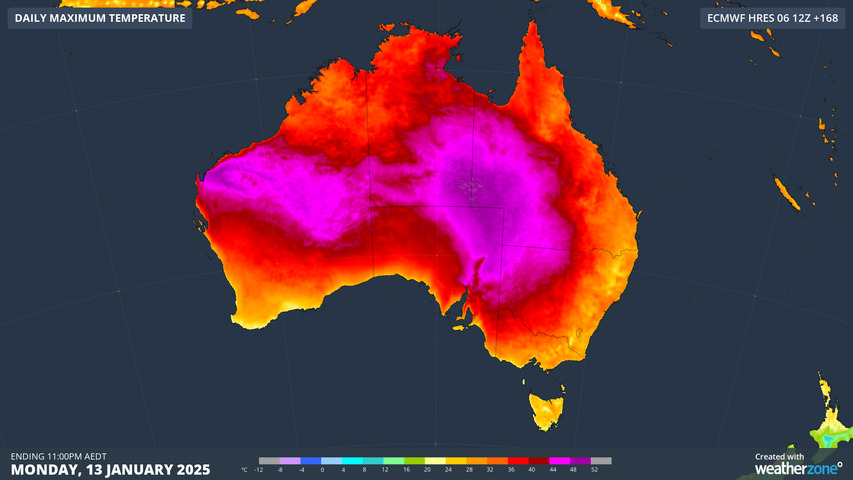 Image: Forecast maximum temperature on Monday, January 13, 2024. Source: Weatherzone.