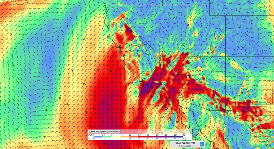 Image: Modelled 850 hPa winds over Southern California on Tuesday night local time. Source: Weatherzone.