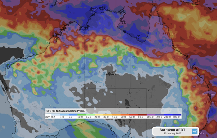 Image: Accumulated rainfall forecast for the two weeks leading up to Saturday, January 25, according to GFS. . Source: Weatherzone