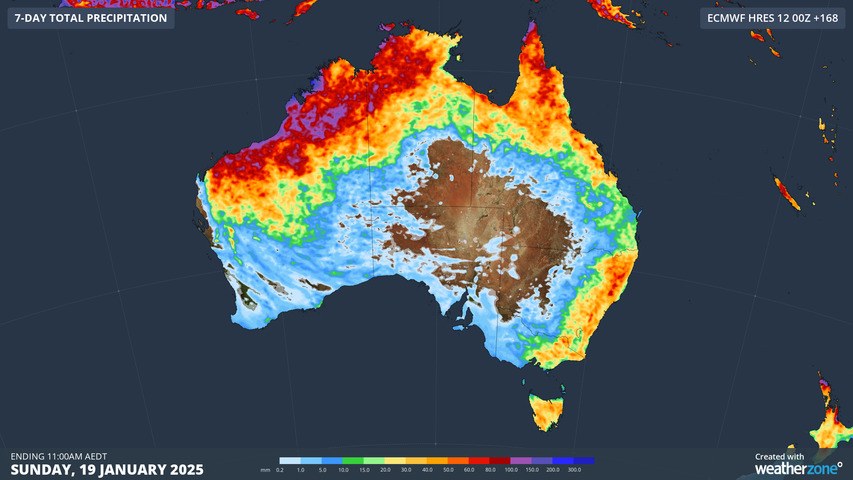 Image: Predicted rainfall accumulation across Australia up until 11am, Sunday, January 19, 2025, according to the ECMWF model. Source: Weatherzone