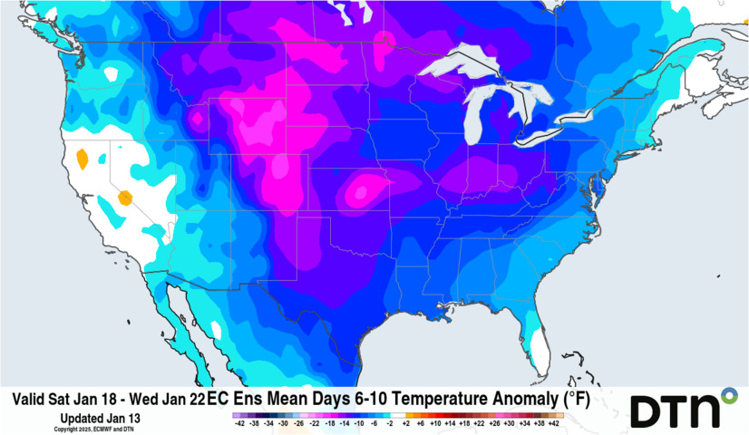 Image: Another burst of arctic air will spread through the country following a cold front this weekend. Temperature anomalies of more than 30°F below normal are possible. Source: DTN.