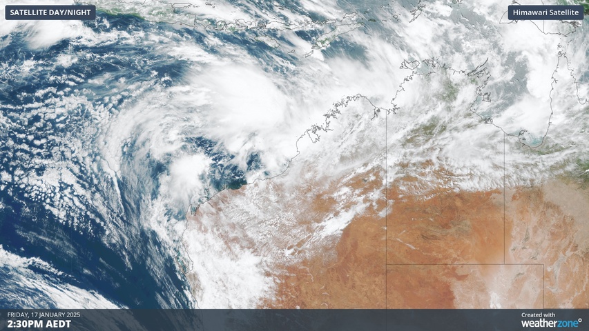 Image: Visible satellite image showing cloud near developing areas of low pressure off Australia's northwest coast. Source: Weatherzone.