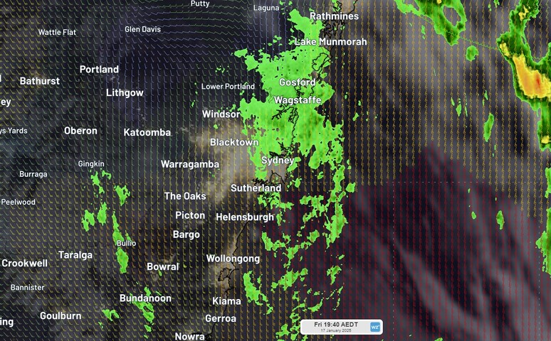 Image: Satellite, radar and wind obs over Sydney region on Friday, January 19, 2025. Source: Weatherzone