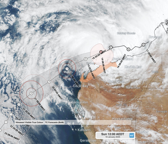 Image: Tropical Cyclone Sean has formed as a category 1 system close to Karratha off the WA coast, packing winds of up to 120km/h.. Source: Weatherzone