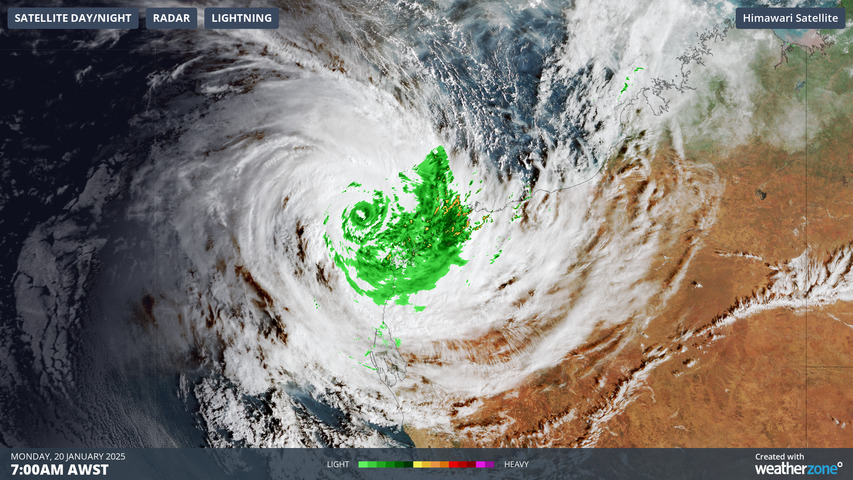 Image: The very small eye of Cyclone Sean is visible on the combined radar and satellite image at 7am on January 20, 2025. Source: Weatherzone