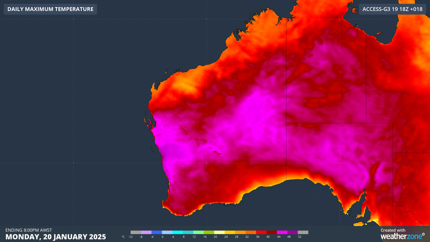 Image: Forecast maximums for Monday, January 20, according to the ACCESS-G model. The small parts of purple around Geraldton represent temps above 48°C. Source: Weatherzone