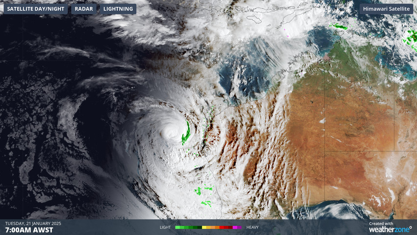 Image: Combined satellite/radar image showing Severe Tropical Cyclone Sean off the Western Australia coastline early on January 21, 2025. Source: Weatherzone