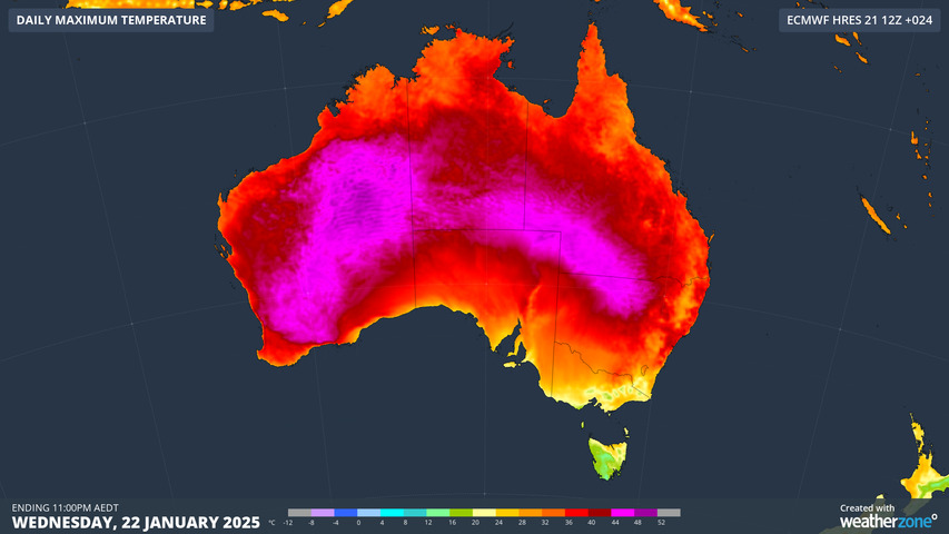 Image: A huge swathe of outback Australia will see maximums of 44°C or higher . Source: ECMWF with Weatherzone