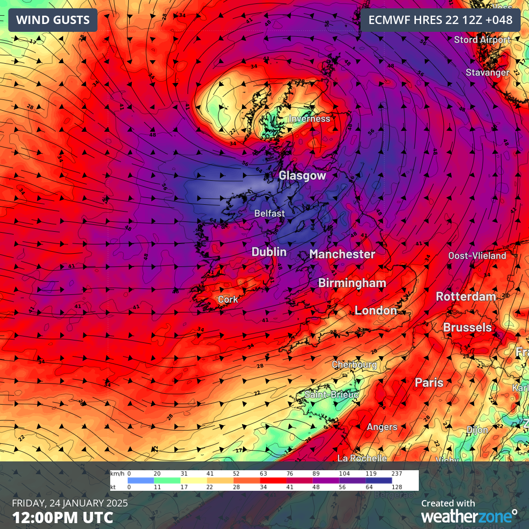 Image: Forecast wind gusts from ECMWF for Storm Éowyn on Friday. Source: Weatherzone