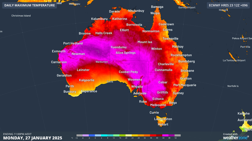 Image: Maximum temperature forecast on Monday. Source: Weatherzone