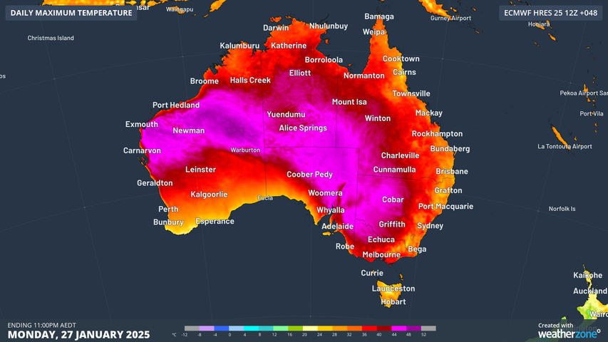 Image: Forecast maximum temperature for Monday 27th according to ECWMF. Source: Weatherzone