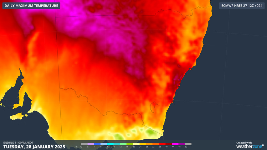 Image: Predicted heat in Sydney and nearby areas clearly shows up as dark red (40°C or higher). Source: Weatherzone