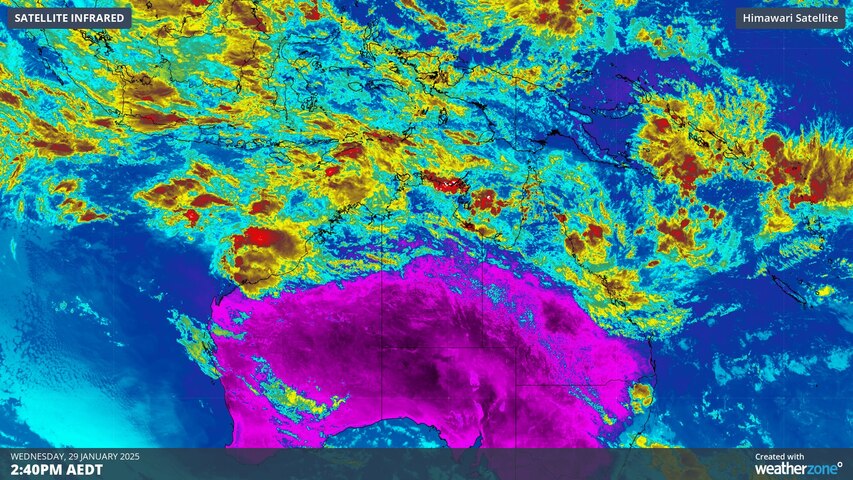 Image: Enhanced infrared satellite image showing abundant tropical cloud cover near Australia. Source: Weatherzone.