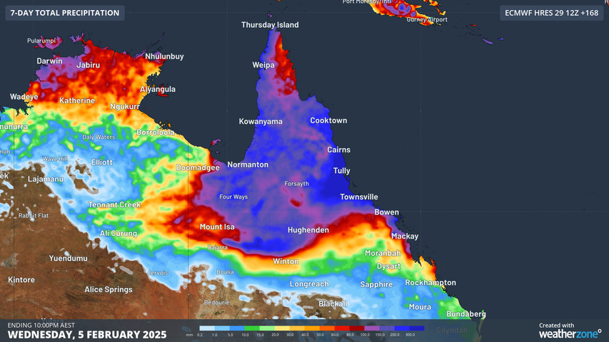 Image: Forecast accumulated rain over the next seven days, according to the ECMWF-HRES model. Source: Weatherzone.