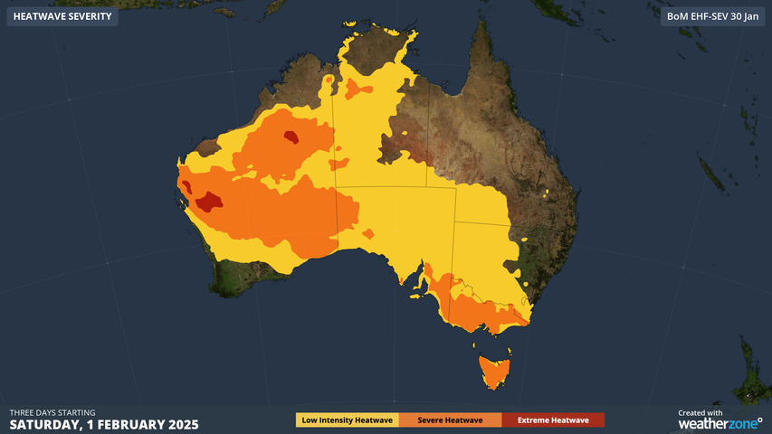 Image: Heatwave map for Australia from Saturday, Feb 1, through to Monday, Feb 3, 2025. Source: Weatherzone