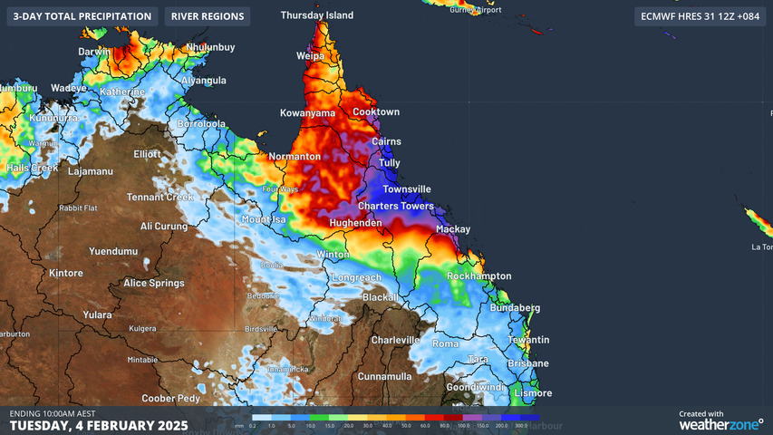 Image: Forecast accumulated rain to 10am AEST Tuesday, 4th February according to the ECMWF-HRES model. Source: Weatherzone