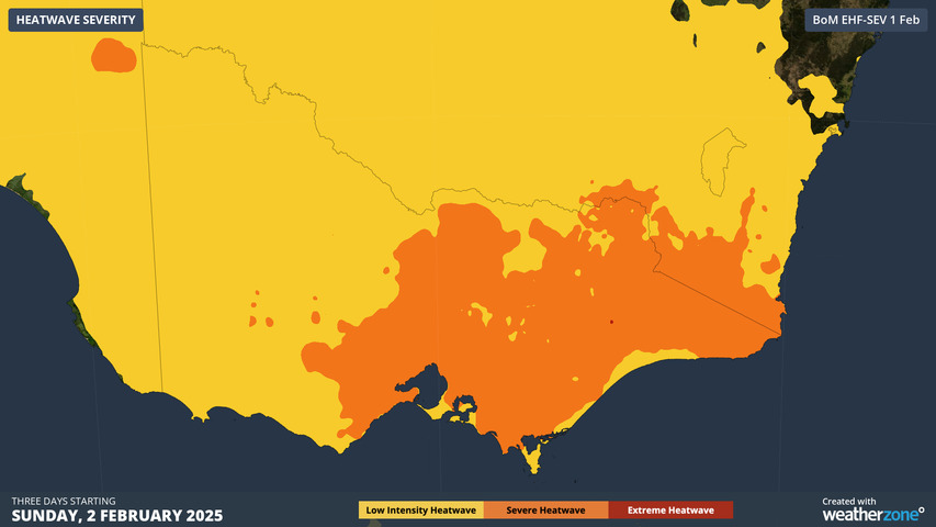 Image: Heatwave intensity across Victoria for the three days starting 2 February 2025. Source: Weatherzone