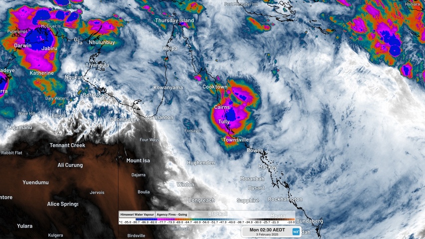 Image: Enhance infrared satellite image showing thick rain-bearing cloud over northeast Queensland early on Monday morning. Source: Weatherzone