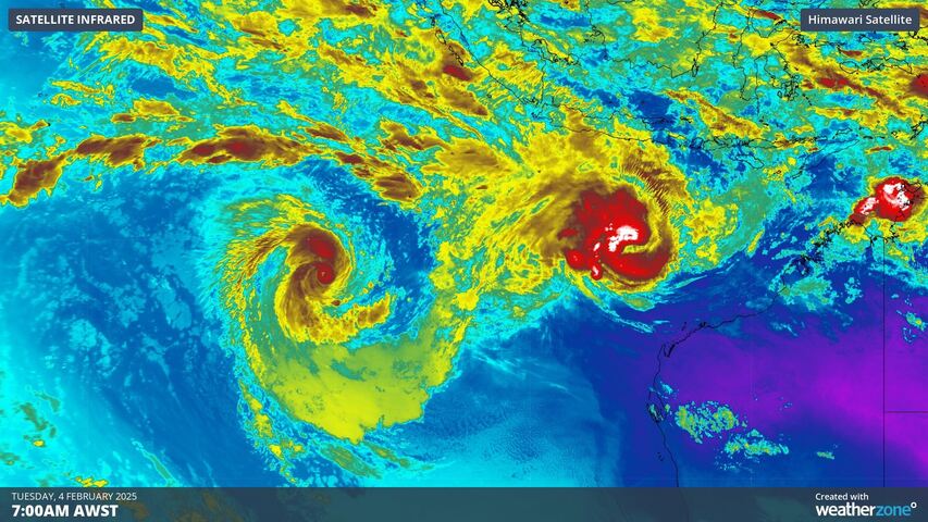 Image: Infrared Himawari-9 satellite image showing the two severe tropical cyclones on Tuesday morning. Source: Weatherzone.