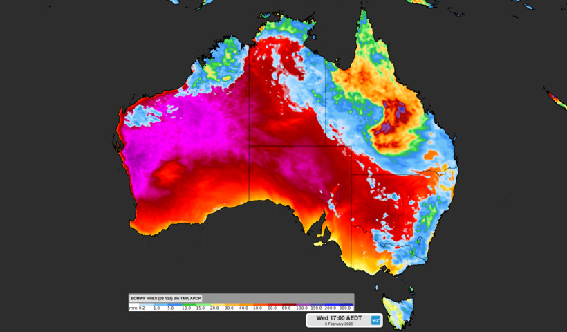 Image: Modelled air temperature and 24-hour accumulated rain at 5pm AEDT on Wednesday, February 5, 2025. Source: Weatherzone.