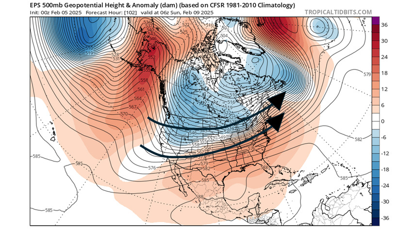 Image: The upper-level pattern is favoring an active storm track through the US for the next couple of weeks, first north, then south.. Source: Tropicaltidbits.com