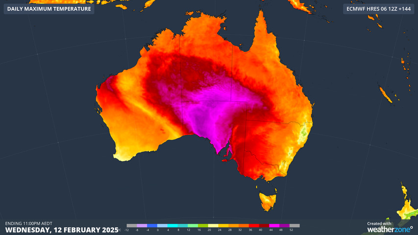 Image: Maximum temperature forecast for Wednesday, February 12, according to ECMWF . Source: Weatherzone