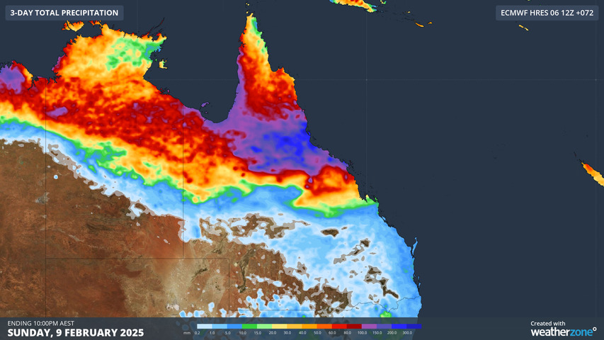 Image: The heaviest rain will again fall in areas on roughly the same latitude as the coastal strip between Cairns and Townsville. Source: Weatherzone