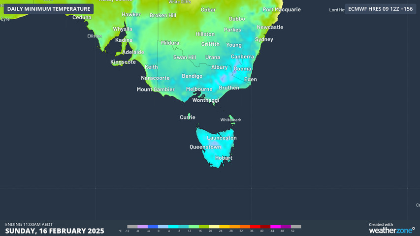 Image: Sunday morning minimums will be below zero at some mountain locations. Source: Weatherzone