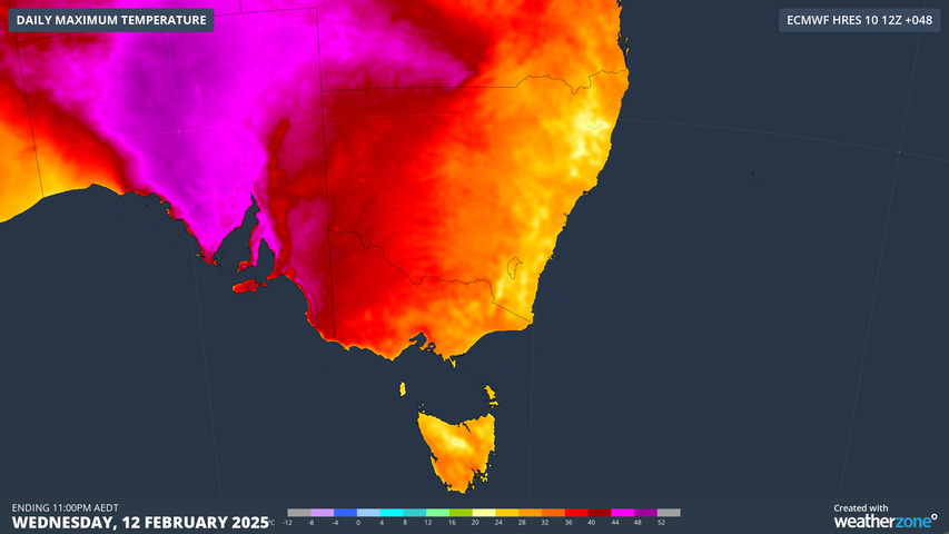 Image: Maximum temperature forecast for Wednesday, February 12. Source: Weatherzone