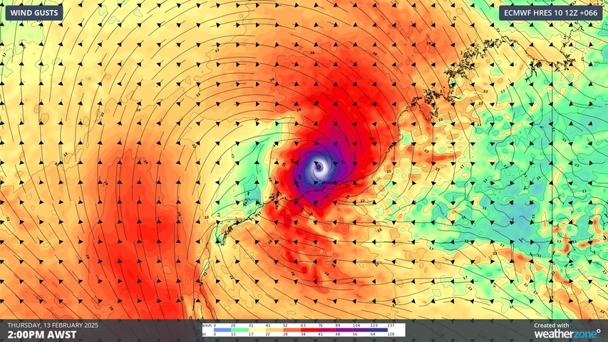 Image: Forecast wind gusts near WA's north coast on Thursday, according to the ECMWF model. Source: Weatherzone.